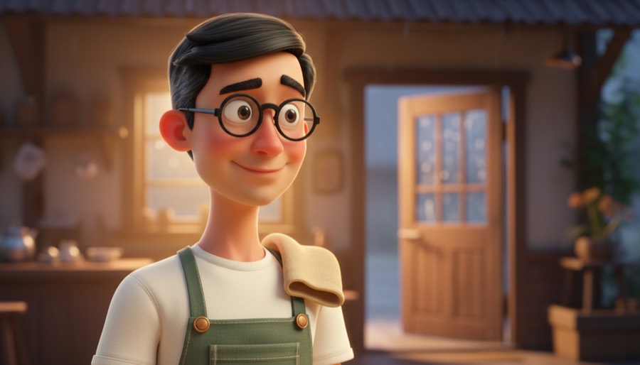 A close-up of the same shopkeeper, smiling, round glasses, string lights behind